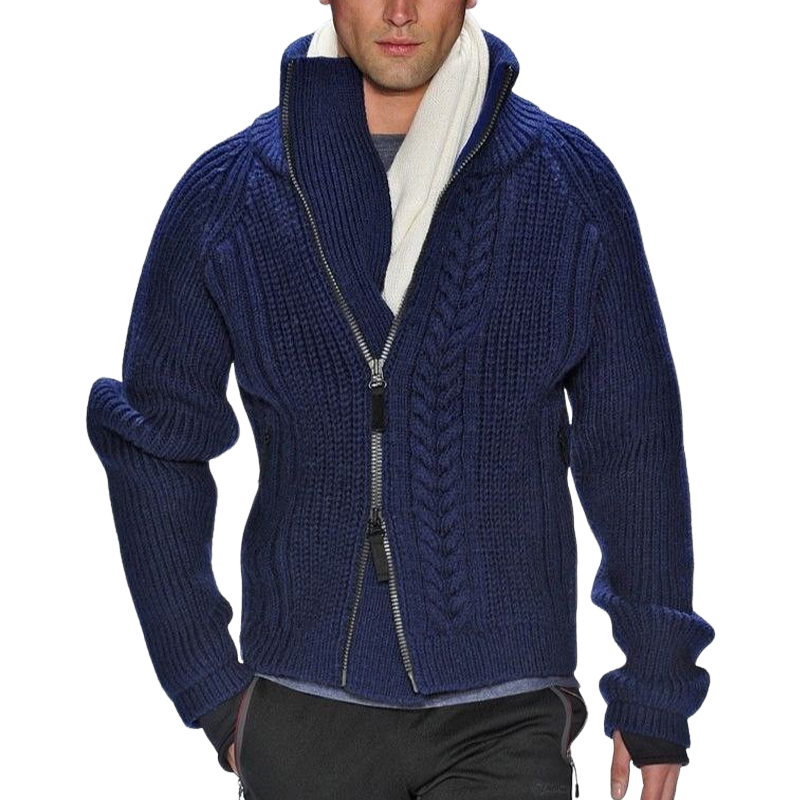 Men's Vintage Navy Stand Collar Zipper Knit Sweater 9891527852216