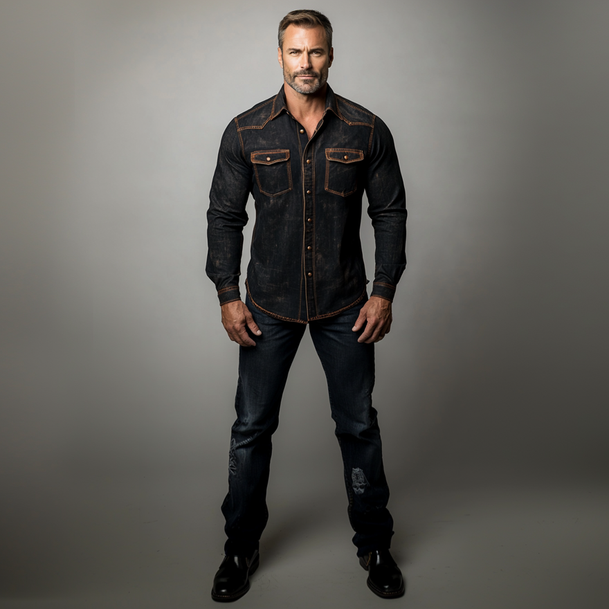 Men's Distressed Denim Turndown Collar Metal Button Long Sleeve Shirt 9903586902200