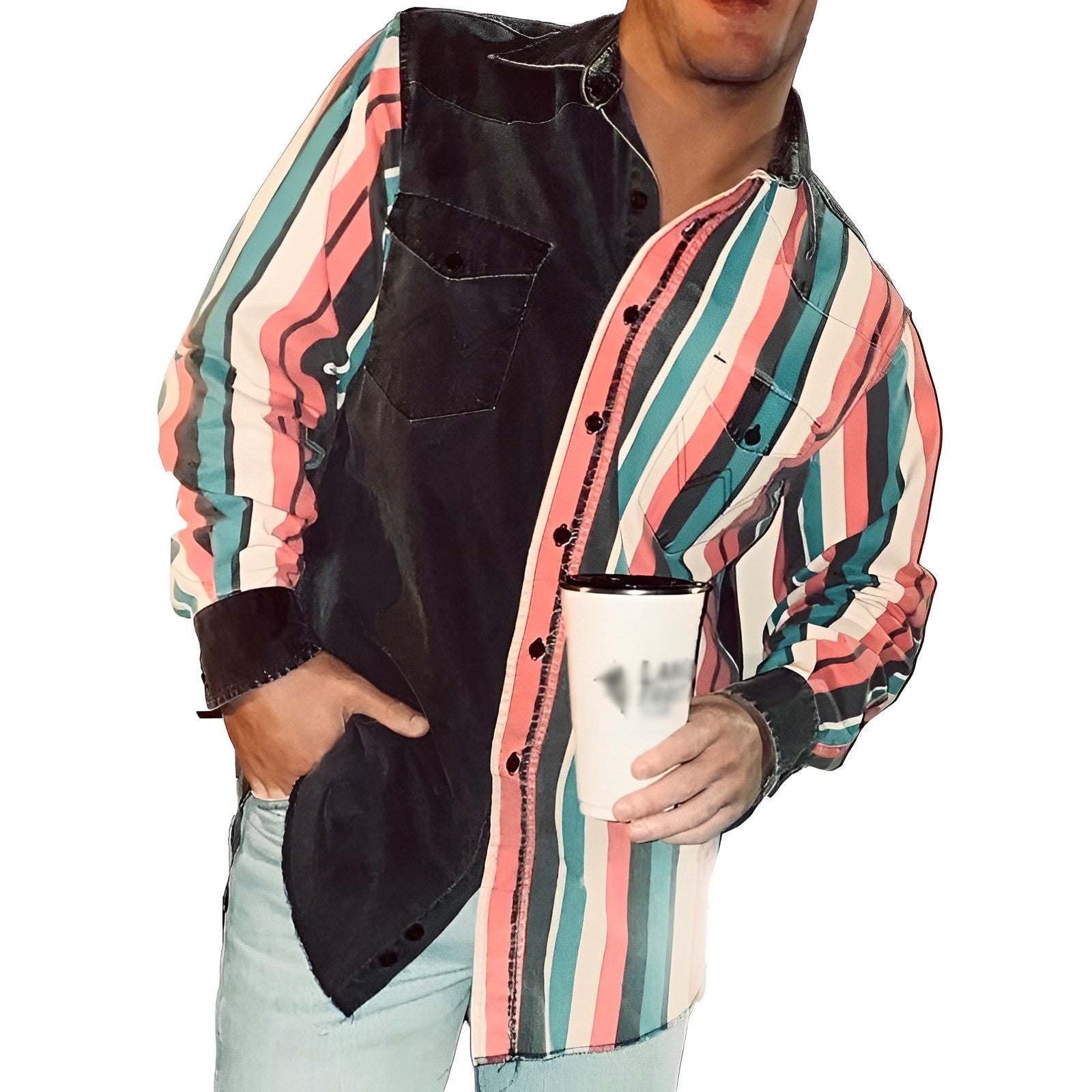 Men's Retro Color Block Printed Loose Long Sleeve Shirt 9261778698424
