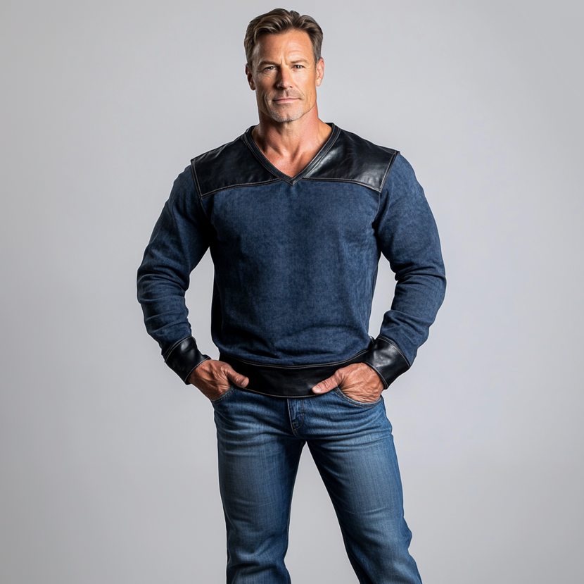 Men's Denim PU Leather Patchwork V Neck Long Sleeve Sweatshirt 9906596839608