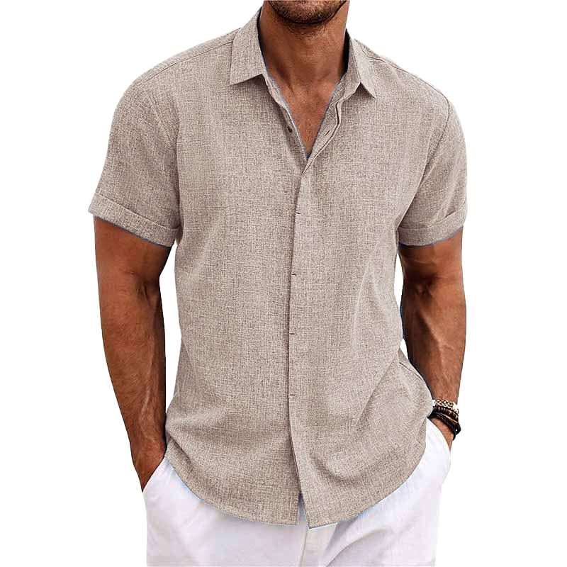 Men's Solid Color Lapel Cotton Linen Short Sleeve Shirt 9261774897336