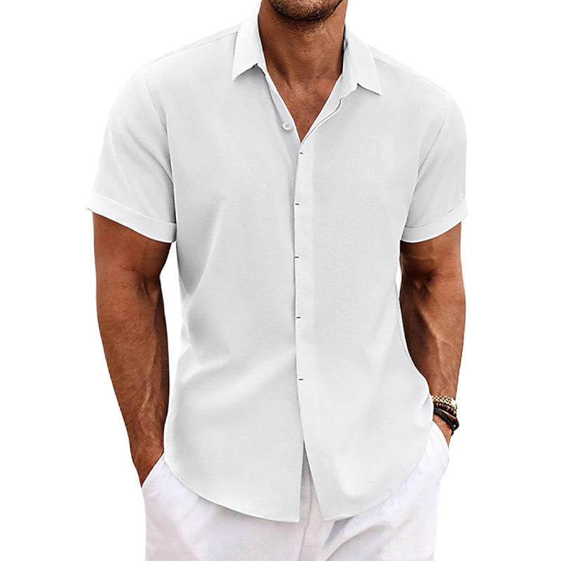 Men's Solid Color Lapel Cotton Linen Short Sleeve Shirt 9261774897336