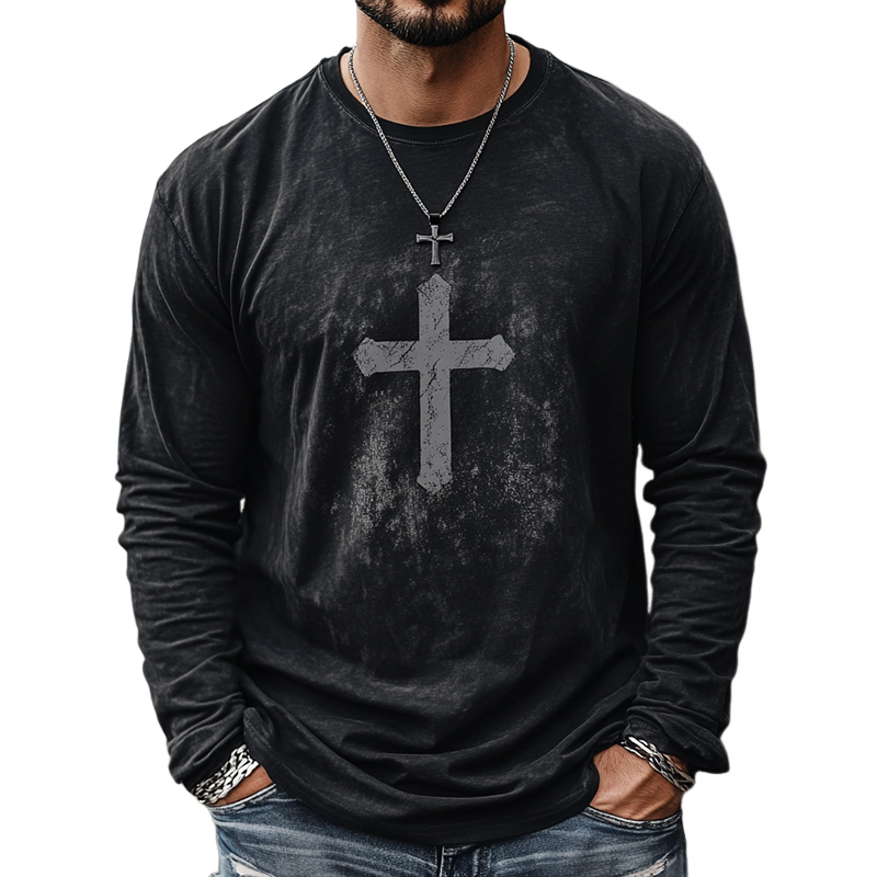 Men's Retro Casual Cross Printed Round Neck Long Sleeve T-Shirt 9903251128504