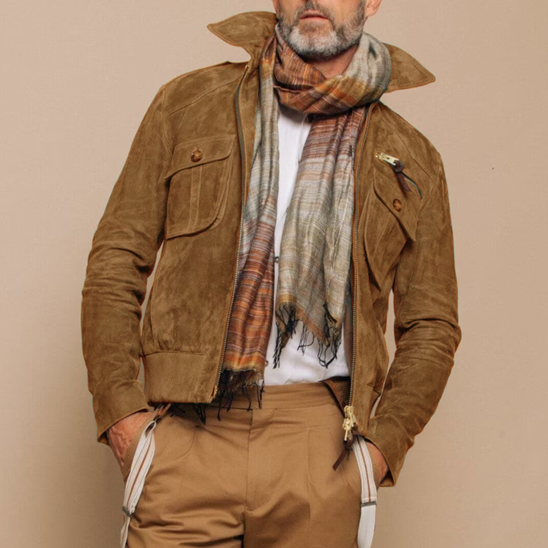 Men's Retro Lapel Zipper Breast Pocket Suede Jacket 9261077528760