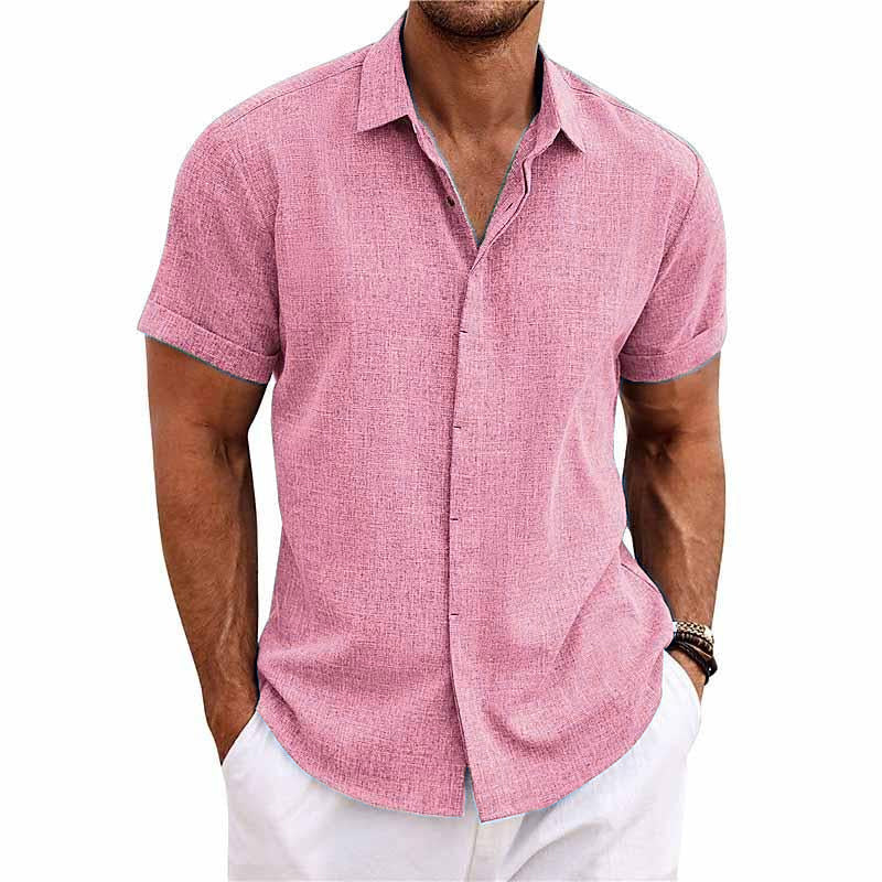 Men's Solid Color Lapel Cotton Linen Short Sleeve Shirt 9261774897336