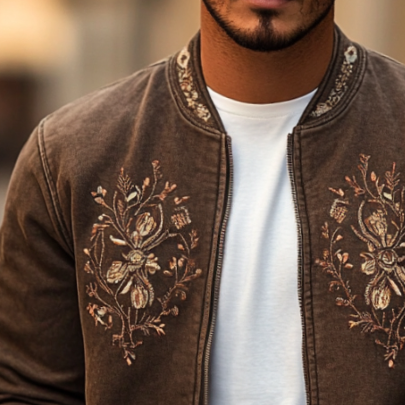 Men's Vintage Casual Embroidered Distressed Stand Collar Zipper Jacket 9901326303416