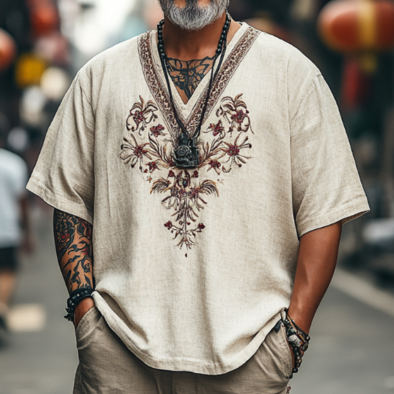 Men's Casual Vintage V-neck Cotton Blend Embroidered Short-sleeved T-shirt 9912946557112