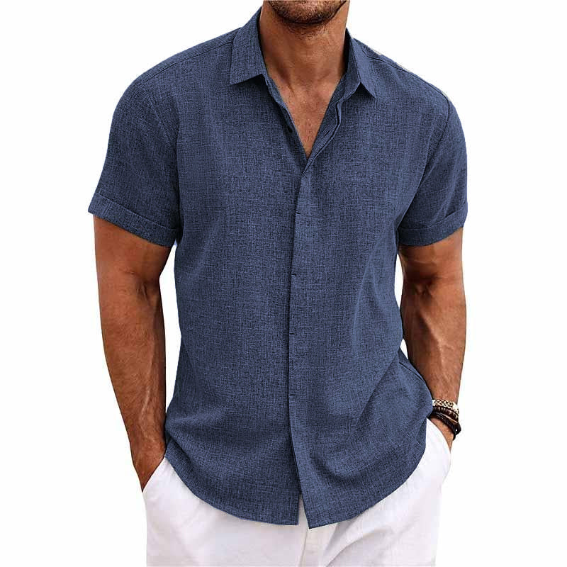 Men's Solid Color Lapel Cotton Linen Short Sleeve Shirt 9261774897336