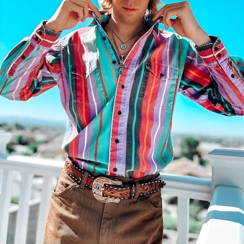 Herren-Langarmhemd mit Retro-Farbblock-Streifenmuster und lockerem Schnitt 9261776240824