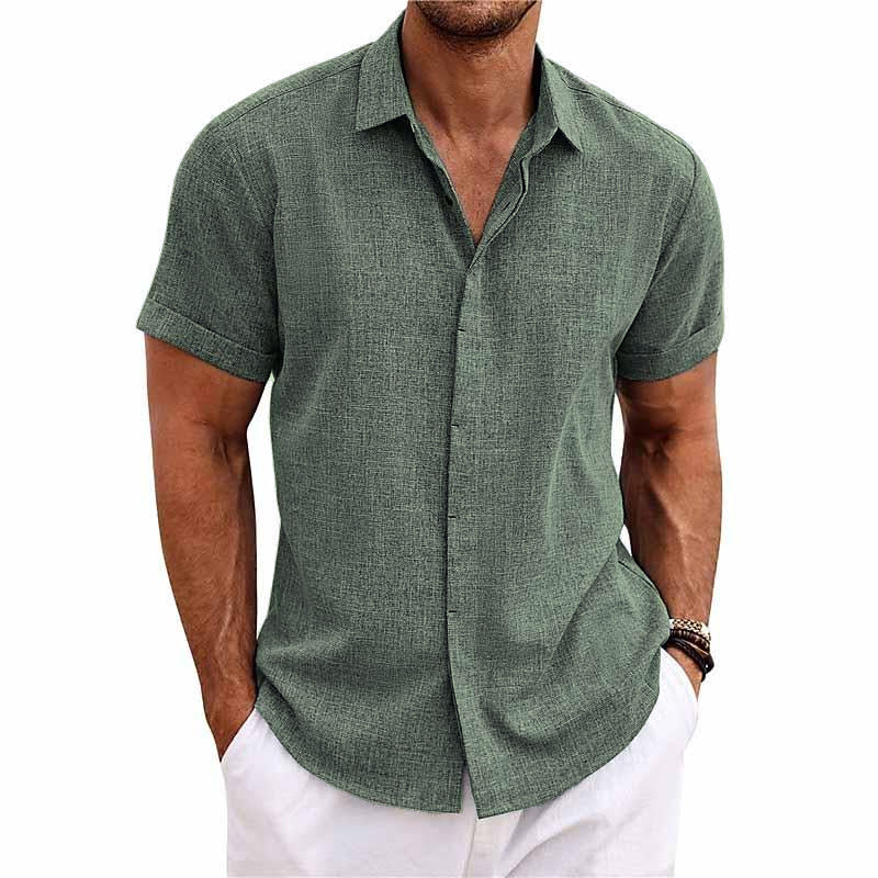 Men's Solid Color Lapel Cotton Linen Short Sleeve Shirt 9261774897336