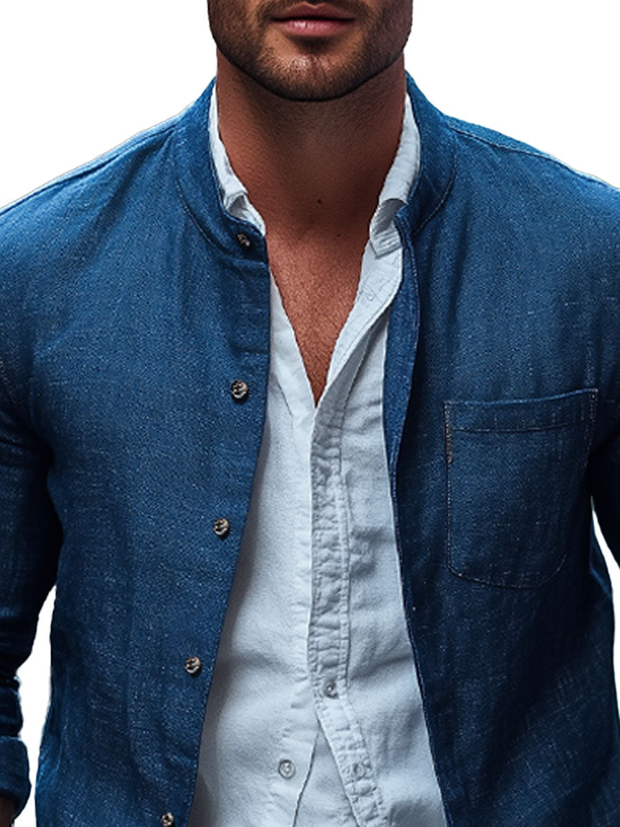 Men's Linen Single Pocket Stand Collar Shirt Jacket 9904640983224