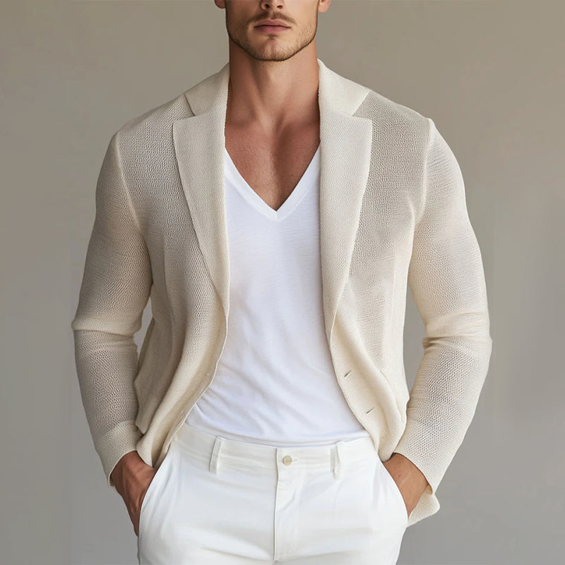 Men's Mesh Solid Color Lapel Stylish Knitted Blazer 9904641638584