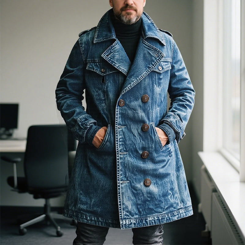 Men's Classic Casual Double Breasted Multi-Length Thigh-Length Denim Jacket 9266614501560
