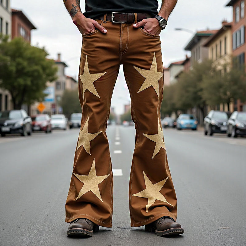 Men's Star Embellishments Button and Zipper Closure Flared Leg Jeans 250500513