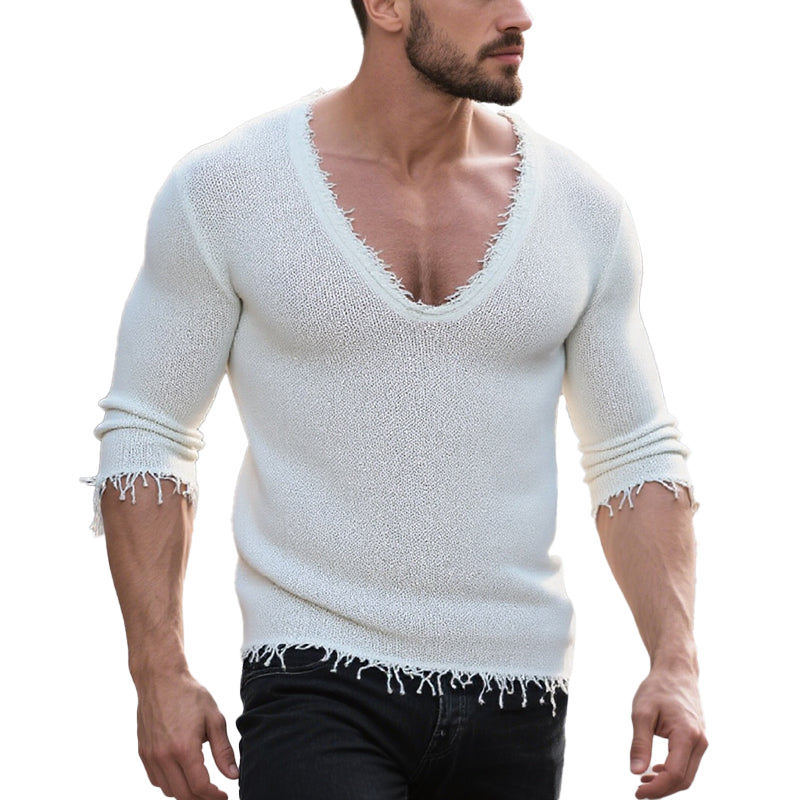 Men Fashion Raw Edge V Neck Slim Fit Knit Sweater 9883355742392
