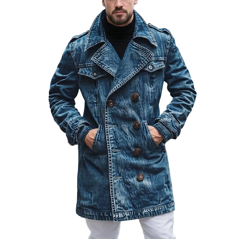 Men's Classic Casual Double Breasted Multi-Length Thigh-Length Denim Jacket 9266614501560