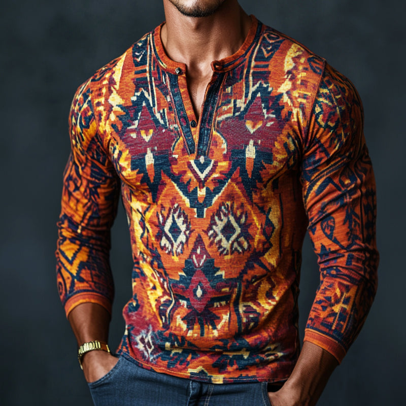 Men's Retro Casual Ethnic Style Geometric Print Henley Collar Long Sleeve T-Shirt 9899720016056