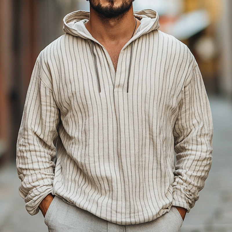 Men's Casual Loose Vertical Striped Cotton and Linen Hoodie 9892386439352