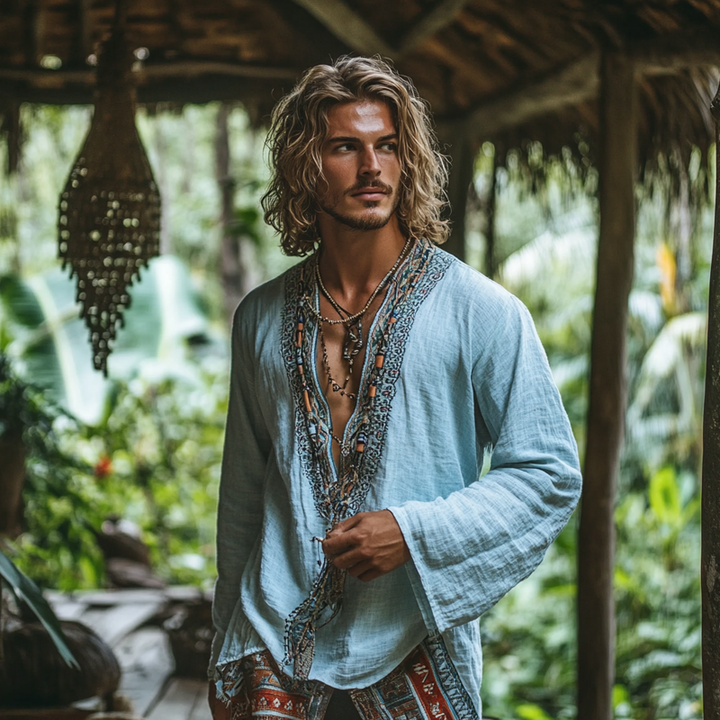 Men's Fashion Ethnic Style Embroidery V Neck Long Sleeve Cotton And Linen Shirt 9899736727736