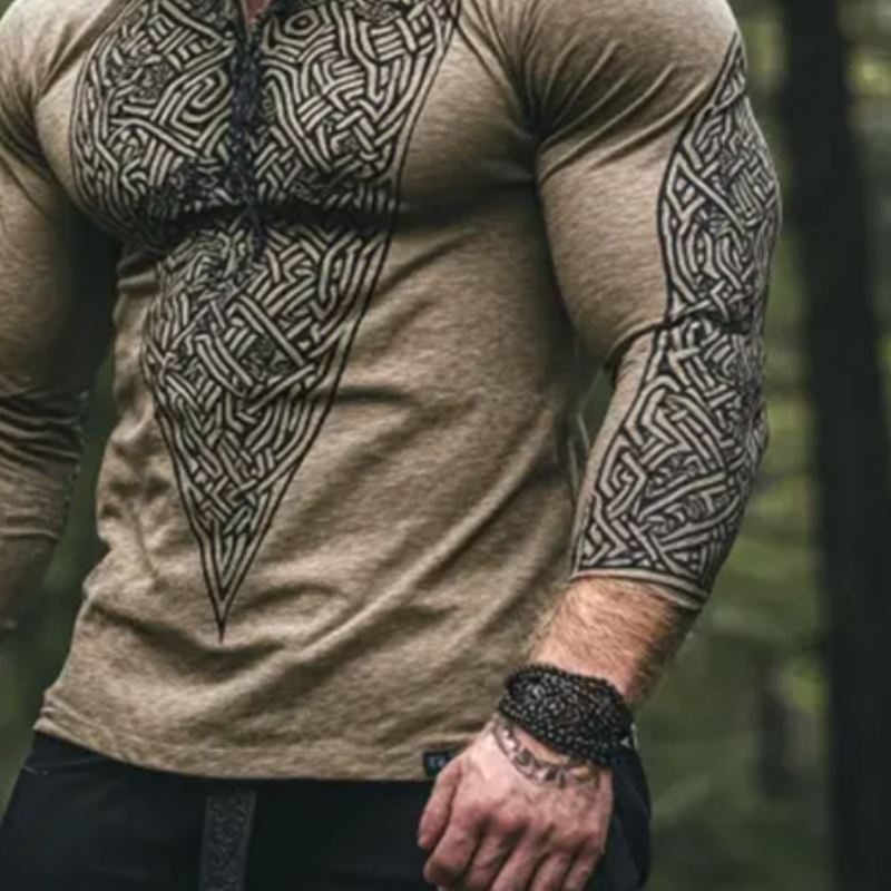 Men's Retro Casual Viking Totem Print Hooded Long Sleeve T-shirt 9901326368952
