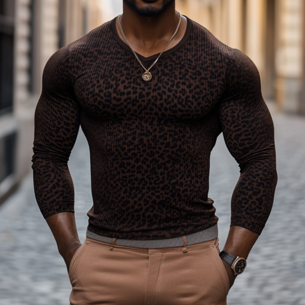 Men's Casual Leopard Stripe V-Neck Slim Fit Long Sleeve T-Shirt 9892049780920