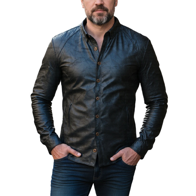 Men's Vintage Black Long Sleeve Leather Shirt 9887383552184