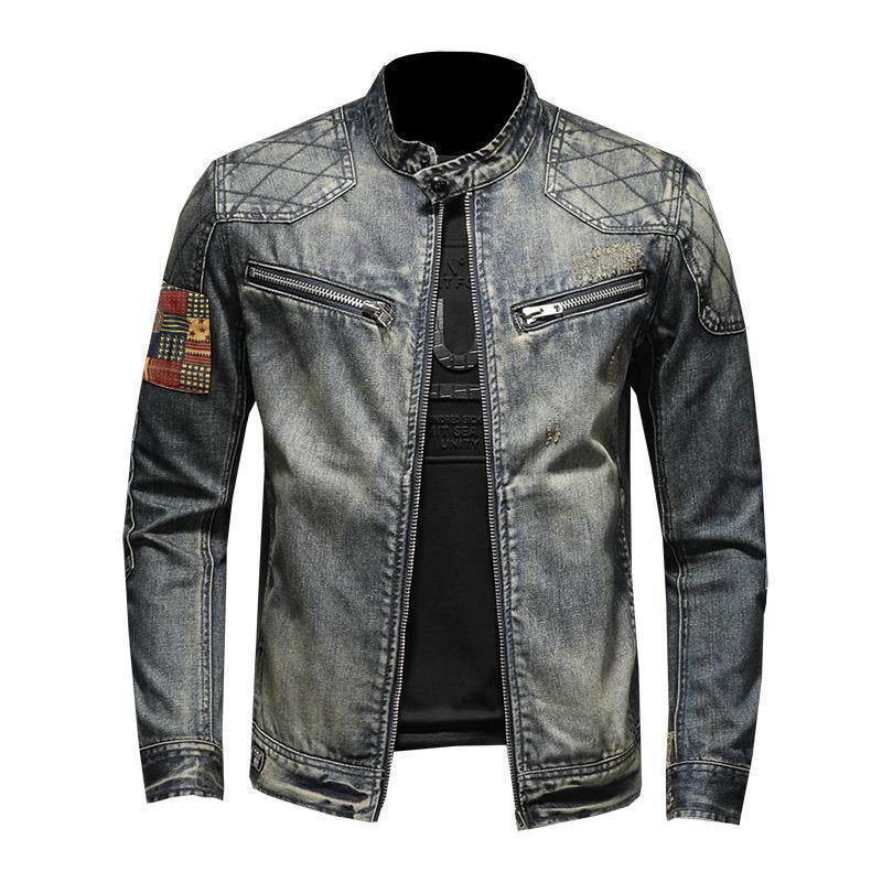 Men's Vintage Stand Collar Zippered Motorcycle Denim Jacket 9261081297080