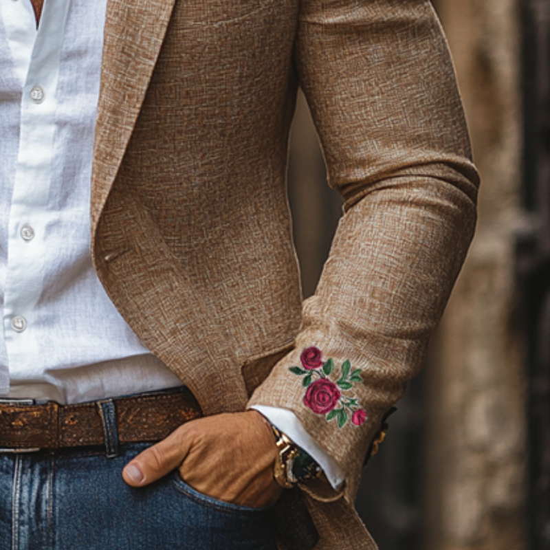 Men's Casual Cuff Rose Embroidery Single-breasted Linen Blazer 9892392042680