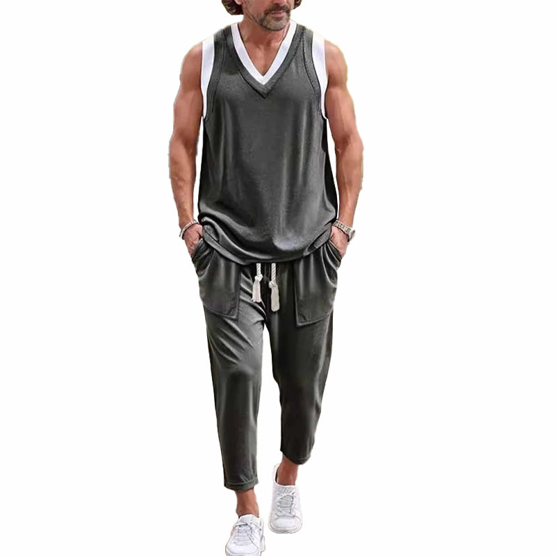 Men's Contrasting Color Vest and Trousers Two-piece Set 9909011579064