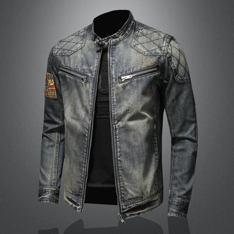 Men's Vintage Stand Collar Zippered Motorcycle Denim Jacket 9261081297080