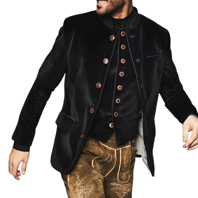 Men's Black Stand Collar Single Breasted Velvet Slim Jacket 9912946720952