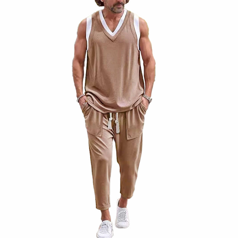 Men's Contrasting Color Vest and Trousers Two-piece Set 9909011579064