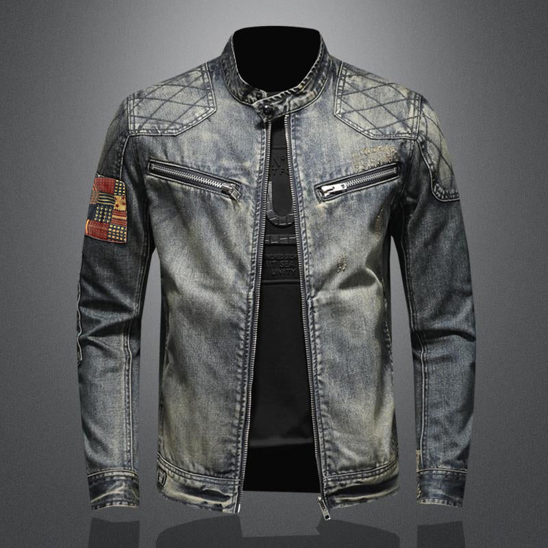Men's Vintage Stand Collar Zippered Motorcycle Denim Jacket 9261081297080