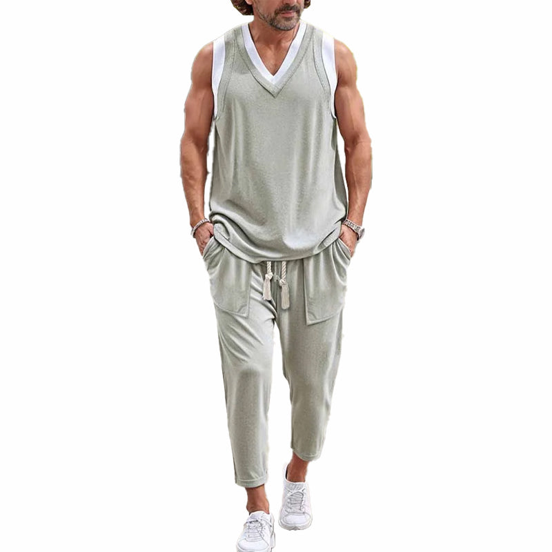 Men's Contrasting Color Vest and Trousers Two-piece Set 9909011579064