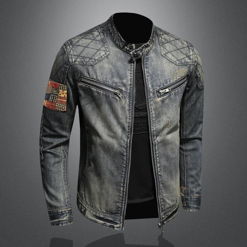 Men's Vintage Stand Collar Zippered Motorcycle Denim Jacket 9261081297080