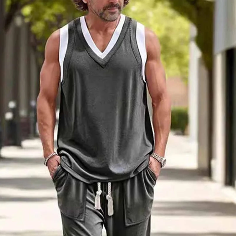 Men's Contrasting Color Vest and Trousers Two-piece Set 9909011579064