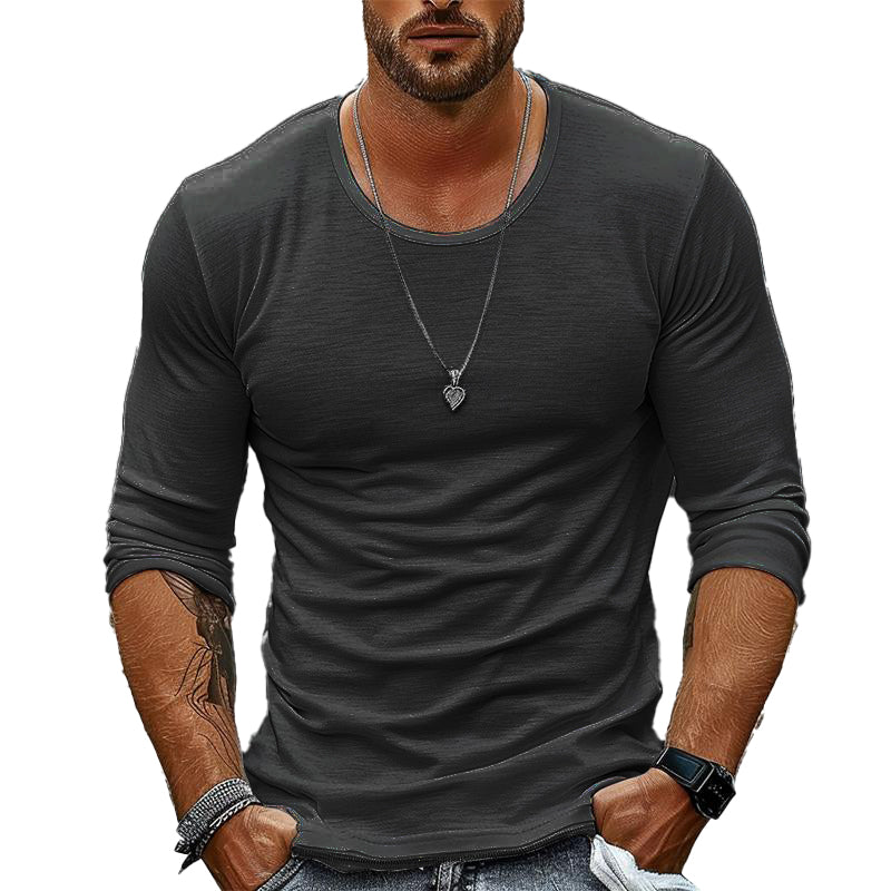 Men's Casual Solid Color Round Neck Long Sleeve T-Shirt 9261116883128