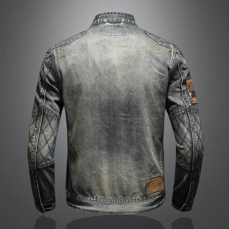 Men's Vintage Stand Collar Zippered Motorcycle Denim Jacket 9261081297080