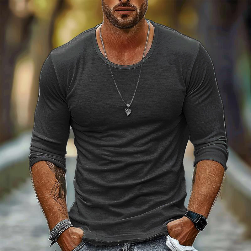 Men's Casual Solid Color Round Neck Long Sleeve T-Shirt 9261116883128