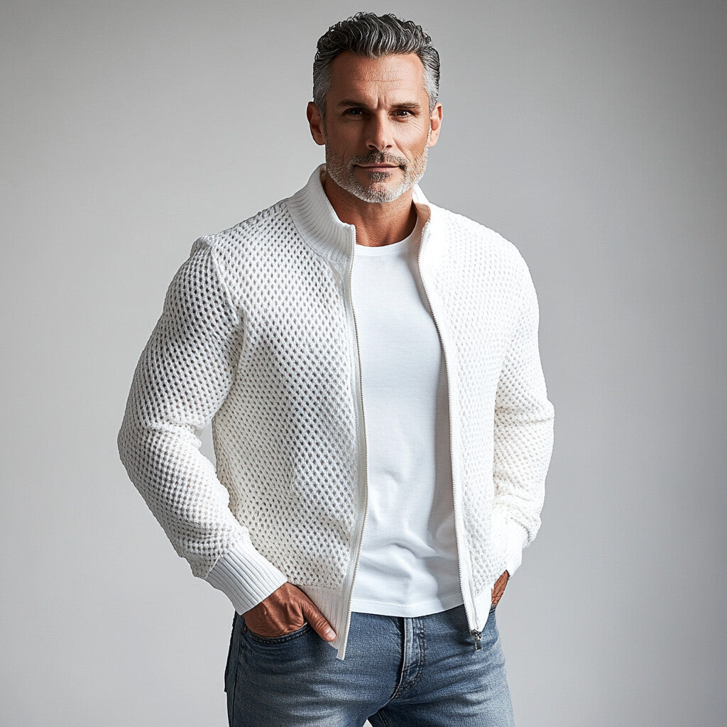 Men's Stand Collar Long Sleeve Hollow Out Knitted Zip Up Jacket 9899606081720