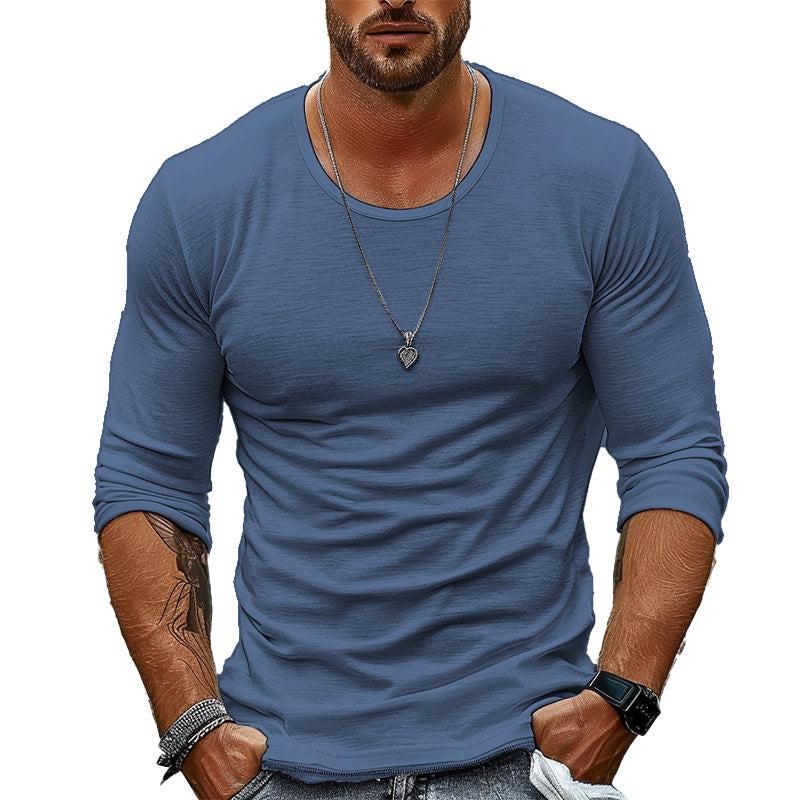 Men's Casual Solid Color Round Neck Long Sleeve T-Shirt 9261116883128