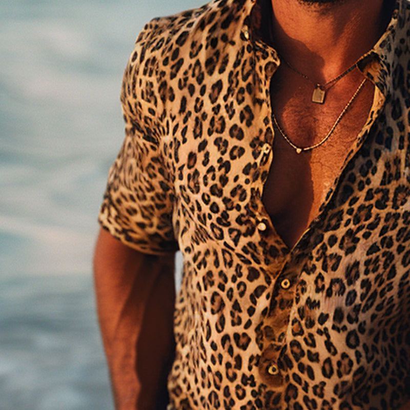 Men's Leopard Print Lapel Long Sleeve Shirt 9899738071224