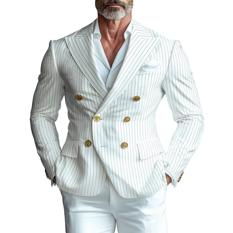Men's Business Peak Lapel Double Breasted Stripes Pattern Blazer 9899606311096