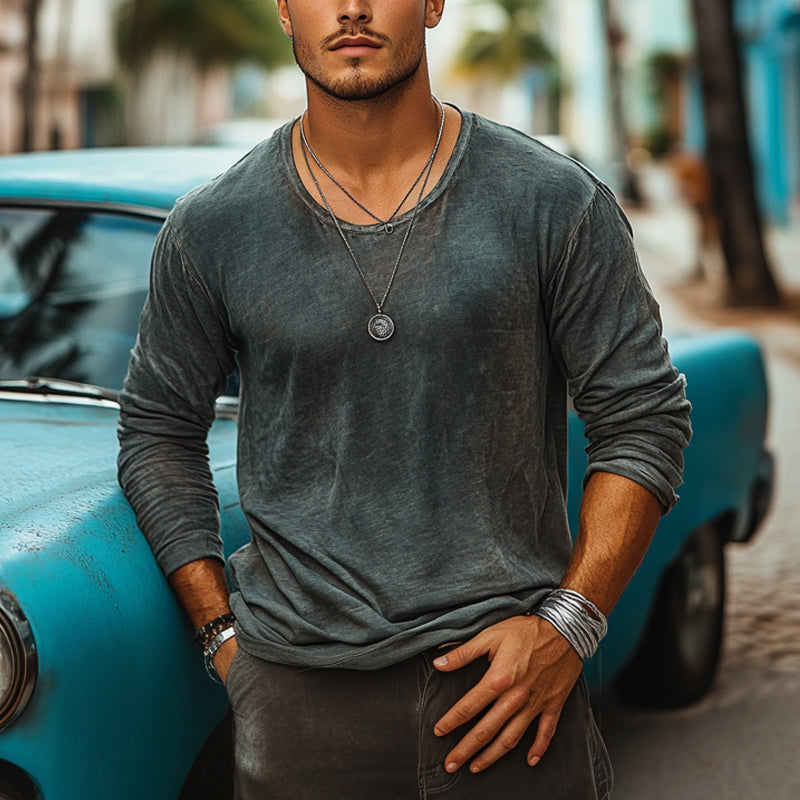Men's Casual Crew Neck Faded Fabric Long Sleeve T-Shirt 9905396777144