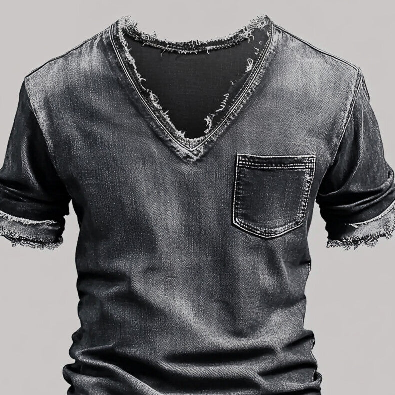 Men's Distressed Denim V Neck Short Sleeve Raw Edge Chest Pocket T-Shirt 9953098825912