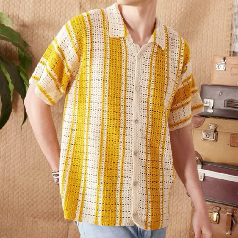 Men's Casual Contrast Striped Lapel Single-breasted Knitted Short-sleeved Cardigan 9918990254264