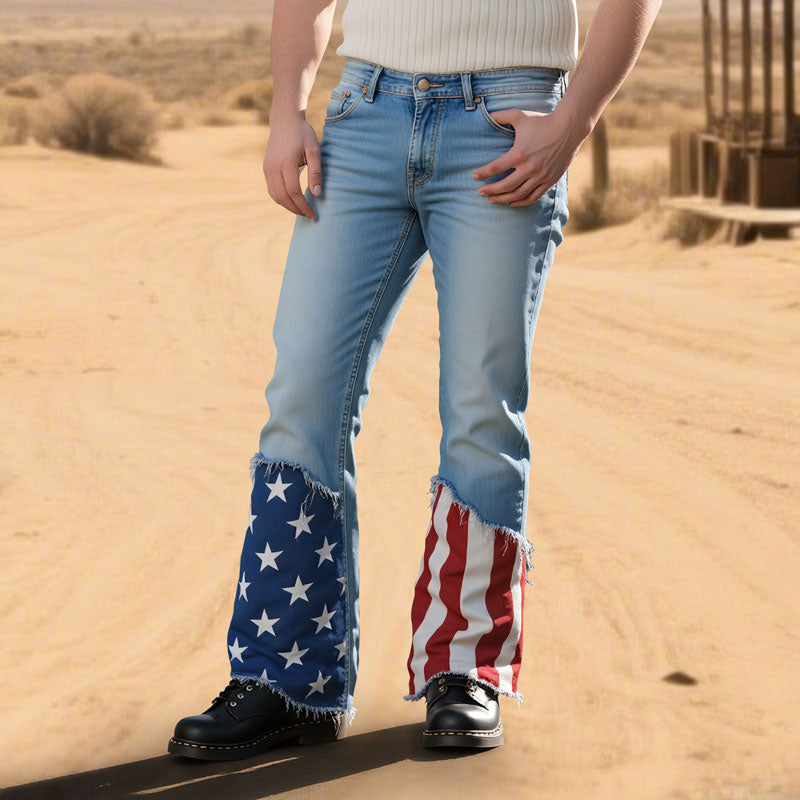 Men's Patchwork Star Striped Pattern Frayed Hem Jeans 250500643