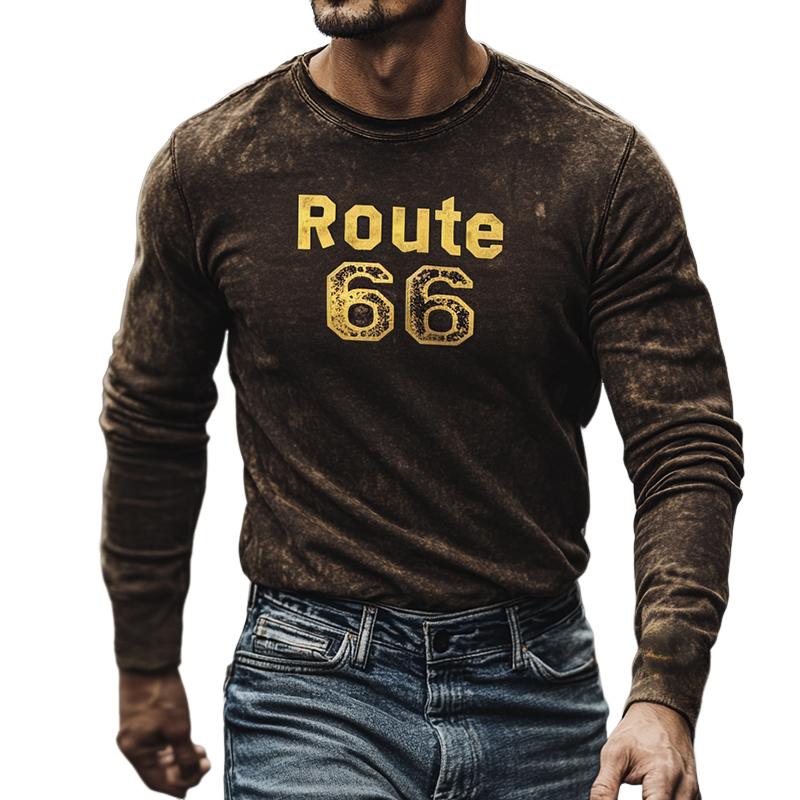 Men's Retro Casual Route 66 Printed Crew Neck Long Sleeve T-Shirt 9911545888952