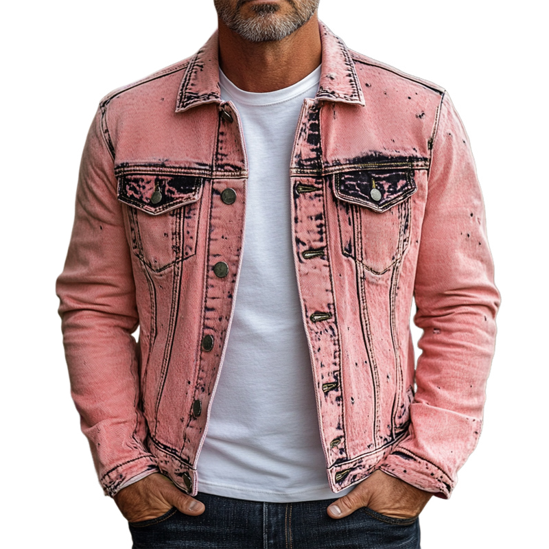 Men's Vintage Pink Tie Dye Slim Fit Denim Jacket 9911548018872