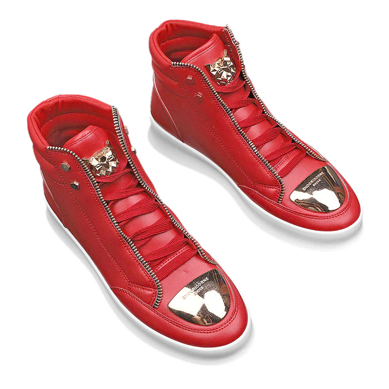 Men's Casual Solid Zipper Metal Decor Lace Up High Top PU Leather Martin Boots 9888555008184